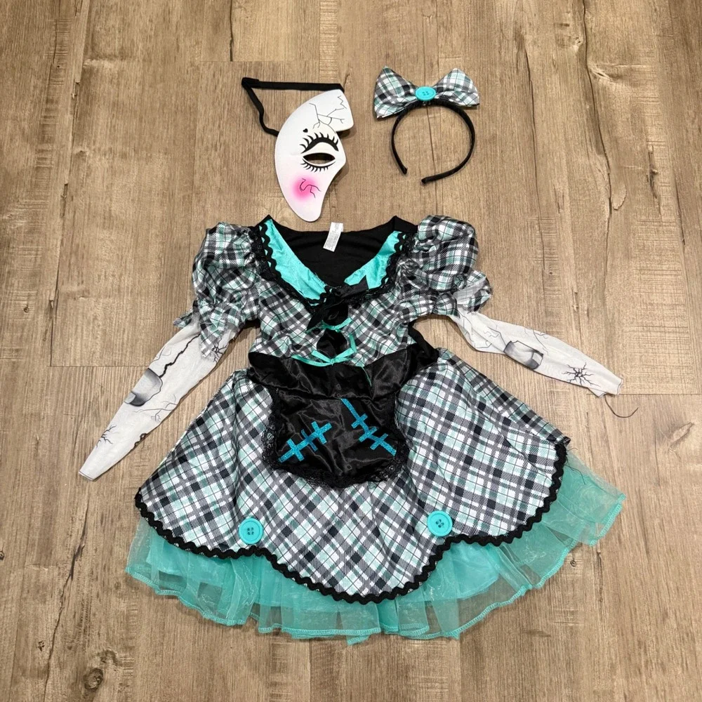 Good Dark Doll Costume Kids Small 4-6 Plaid Spooky Broken Porcelain Mask Set